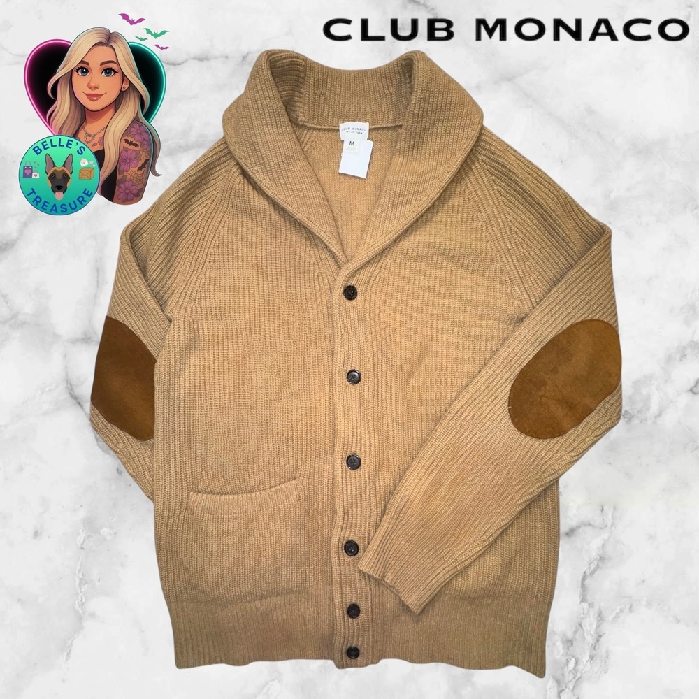 Club Monaco Mens M Shawl Collar Cardigan Sweater Italian Wool Elbow Patches $348